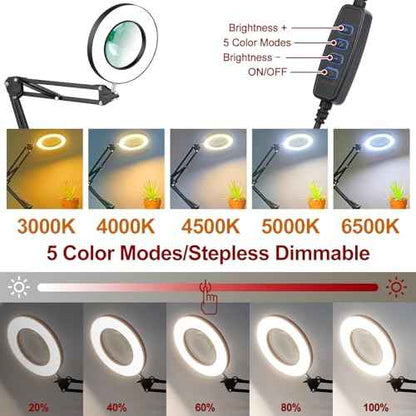 Lighted Magnifying Glass with Light and Stand, 12X Magnifier with Light Hands Free, 5 Color Modes LED Work Lighted, 2-in-1 Magnifying Lamp for Reading Craft Hobby Painting Sewing Close Work