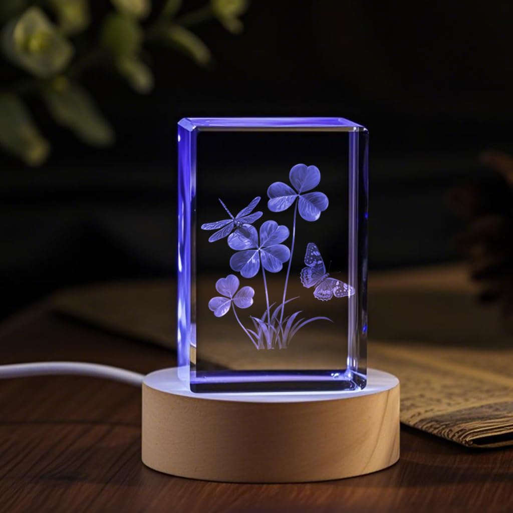 Crystal 3D Four-Leaf Clover Dragonfly & Butterfly Figurine Good Luck Gifts for Women on Birthday, Collectible Glass Plants Art for Room with LED Light Base, for Him Home Decor Paperweight