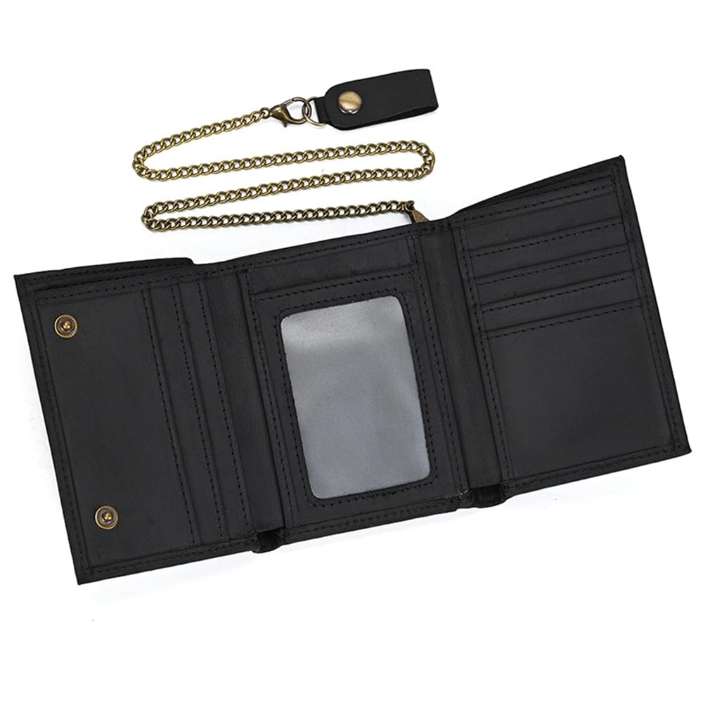 PINKPIN Mens Wallets with Chains, Genuine Leather Trifold Wallet RFID Blocking Anti-Theft Chain for Biker, Motorcycle (Black)