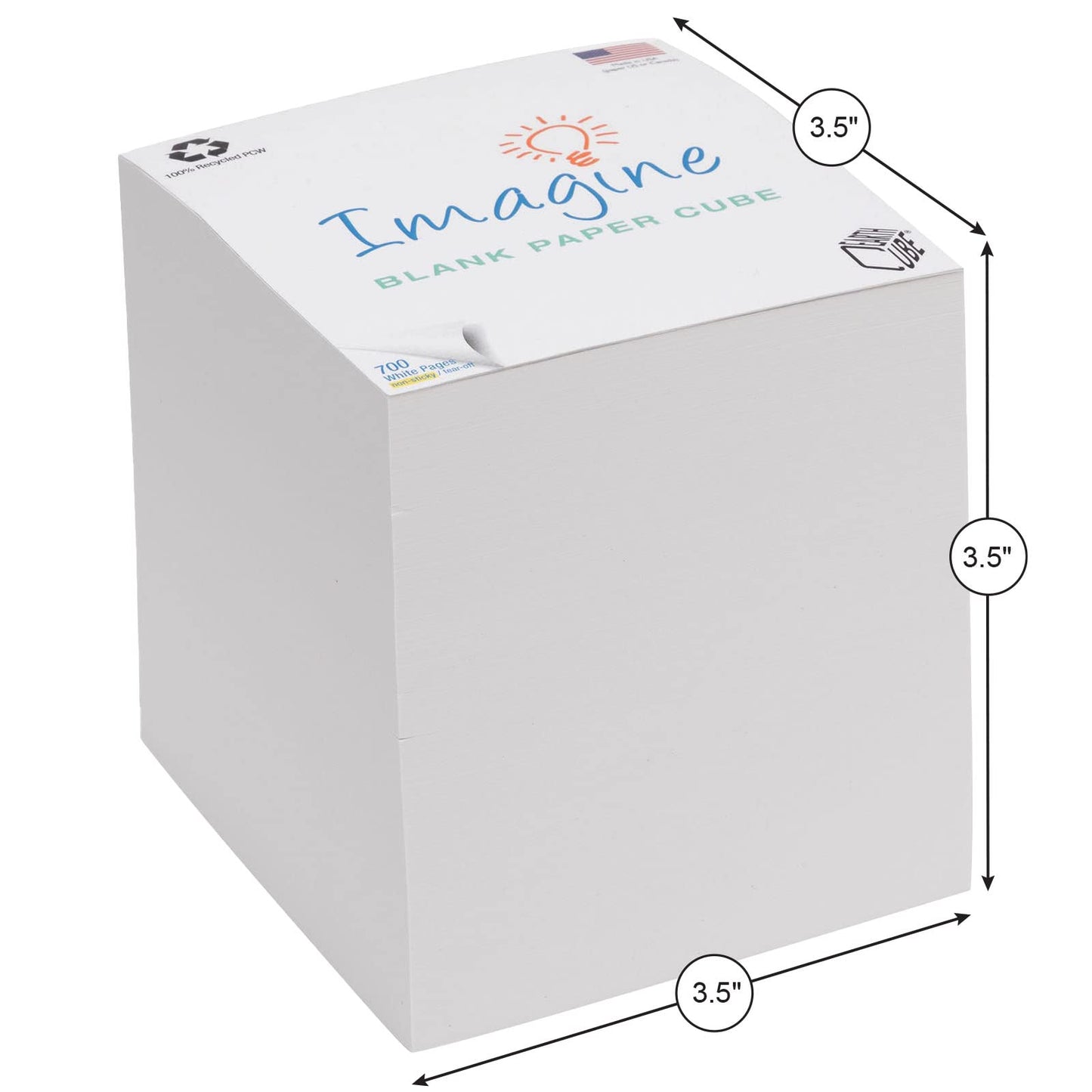 EARTHCUBE Blank White 3.5 Inch Note Cube (Not Sticky) Made in USA (Paper US or CAN) 100% Recycled 700 Tear-off Pages (Not Loose) 'Imagine'