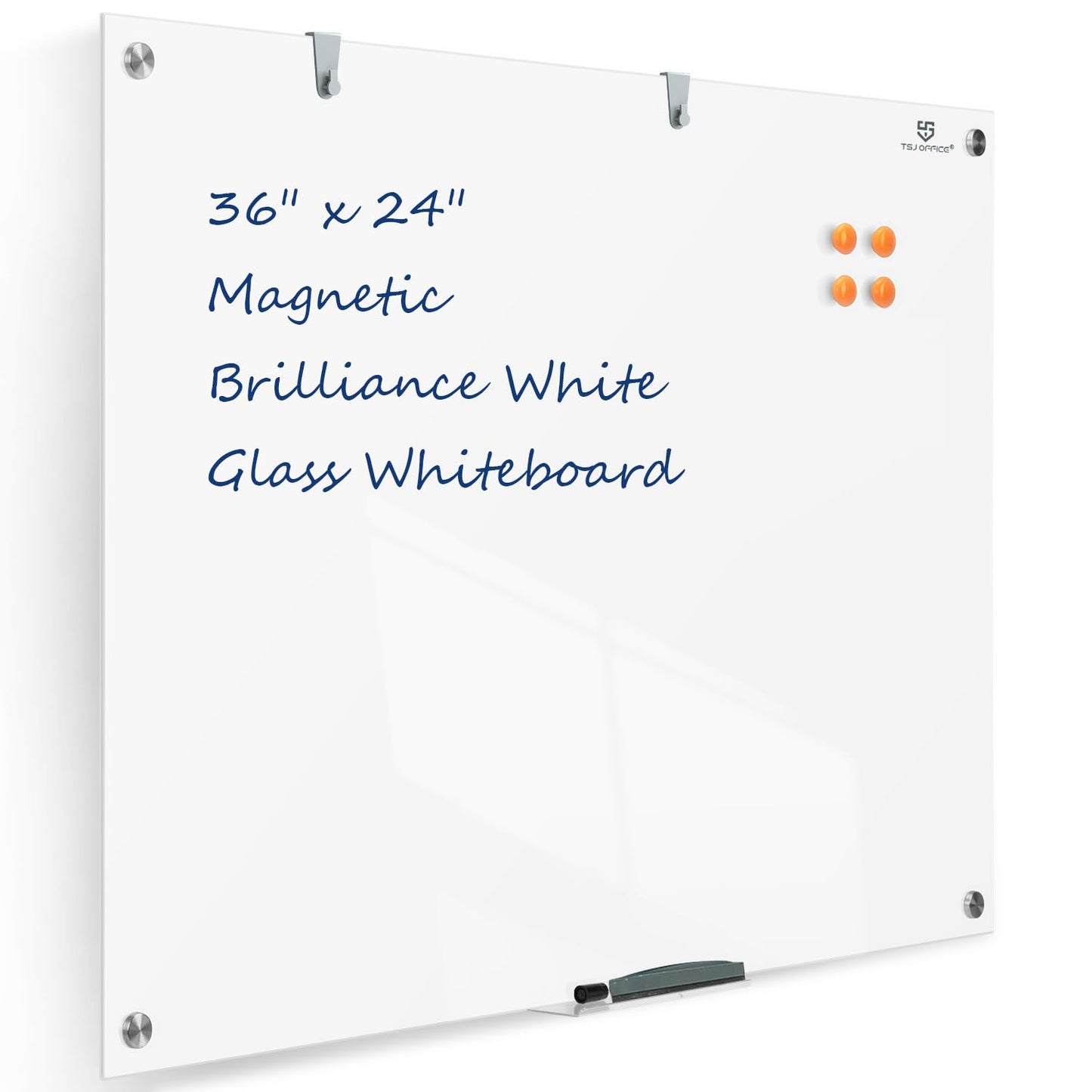 TSJ OFFICE Glass Dry-Erase Board - 36 x 24 Inches Brilliance White Magnetic Glass Whiteboard, Wall Mounted Large Frameless White Board for School, Home & Office
