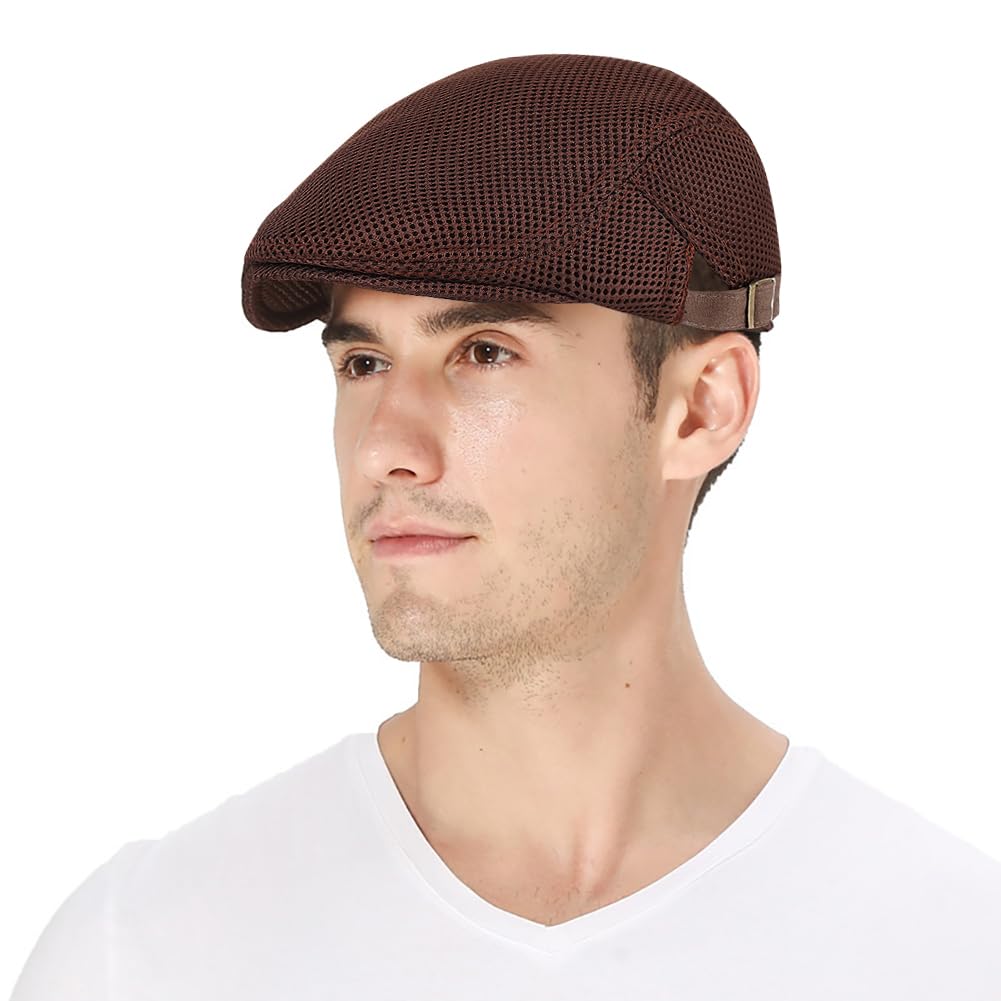 DIYDECAL Mens Breathable Mesh Summer Hat Adjustable Newsboy Beret Ivy Cap Cabbie Flat Cap Brown