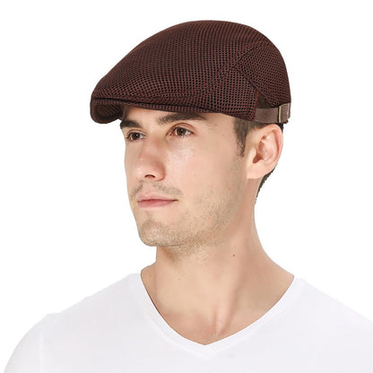 DIYDECAL Mens Breathable Mesh Summer Hat Adjustable Newsboy Beret Ivy Cap Cabbie Flat Cap Brown