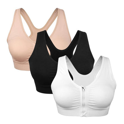 Women's Zip Front Sports Bra - Wireless, Padded, Racerback, Running, Yoga, Seamless Mastectomy Bra - Post-Surgery Zipper Closure