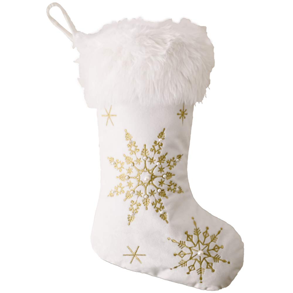Comfy Hour 18" White Velvet Christmas Stocking, Gold Snowflake Embroidery with Faux Fur Trim, Elegant Holiday Mantel Hanging Decor, Traditional Winter Accent, Artisan Crafted Textile, 1 Unit