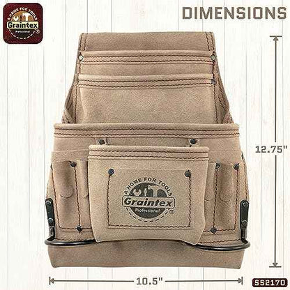 Graintex 10 Pocket Nail & Tool Pouch, Beige Color Suede Leather Tool Bag, Tool Belt for Constructors, Electricians, Handymen, HVAC Tools, Professional Organizer with Adjustable Fit - SS2170