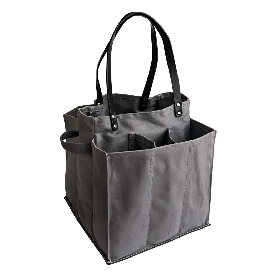 CapaBunga Farmer's Market Tote Shopping Bags with Handles - 7 Pocket Large Utility Tote Bag - Heavy Duty Canvas Utility Bag with Vegan Leather Base - Reusable Tote Bag - Grey Grocery Bag