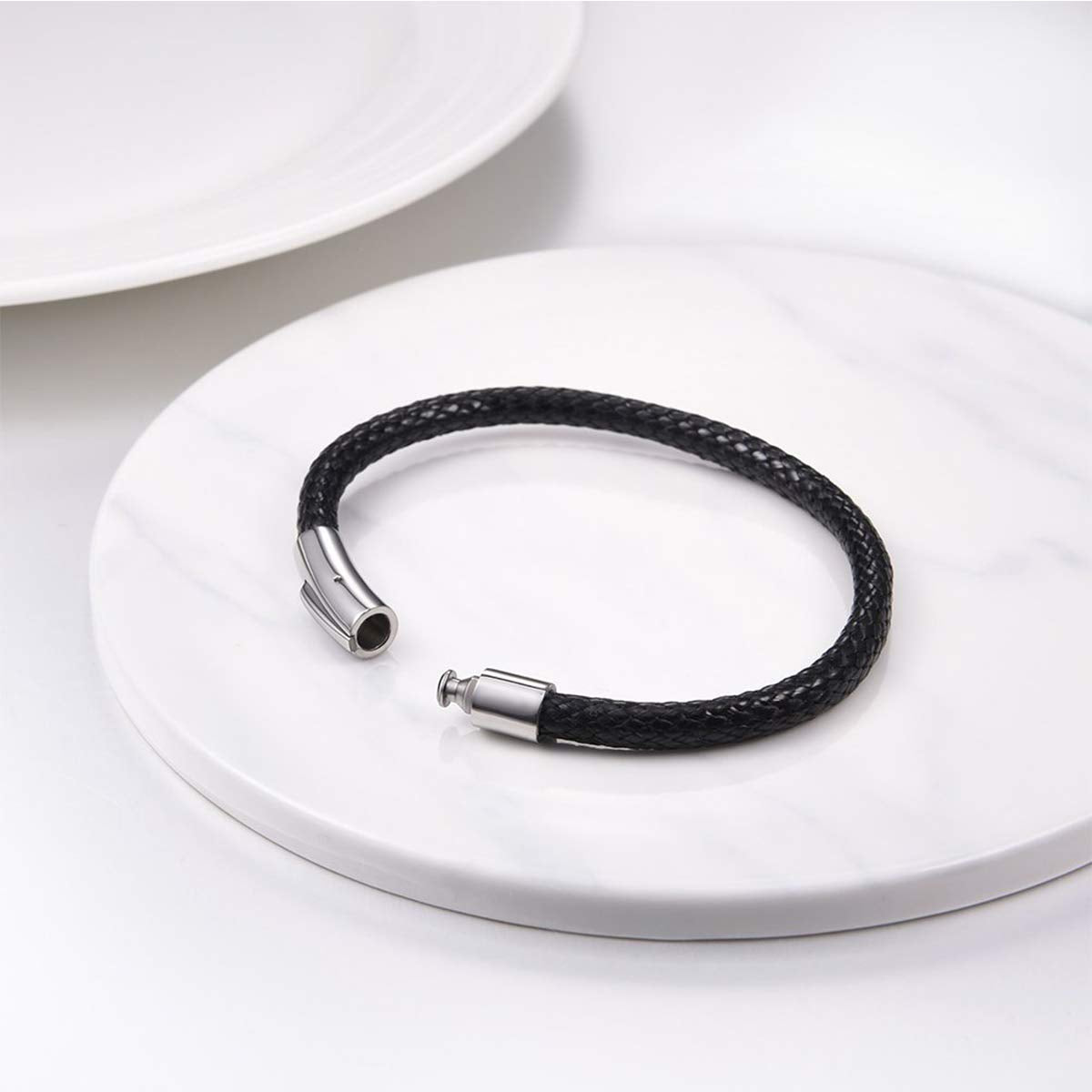 FOCALOOK Black Leather Bracelet for Men, Braided Wax Rope Bracelet with Stainless Steel Clasp Engraved Inspirational Wristband Fathers Day Gift for Him Husband Dad Friend 7inch(18cm)