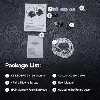 Linsoul KZ ZS10 PRO 2 In Ear Monitor IEM, 1DD+4BA Hybrid Wired Earbuds, with 4-Level Tuning Switch, 3-Way Crossover Gaming Earbuds, Silver-plated IEM Cable for Musician Audiophile (Black, Without Mic)