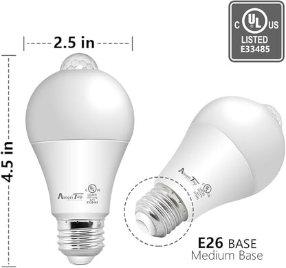 AmeriTop Motion Sensor Light Bulb- 4 Pack, 10W(60W Equivalent) 806lm Motion Activated Dusk to Dawn Security LED Bulb; UL Listed, A19, E26, Auto On/Off Indoor Outdoor Lighting (5000K Daylight)