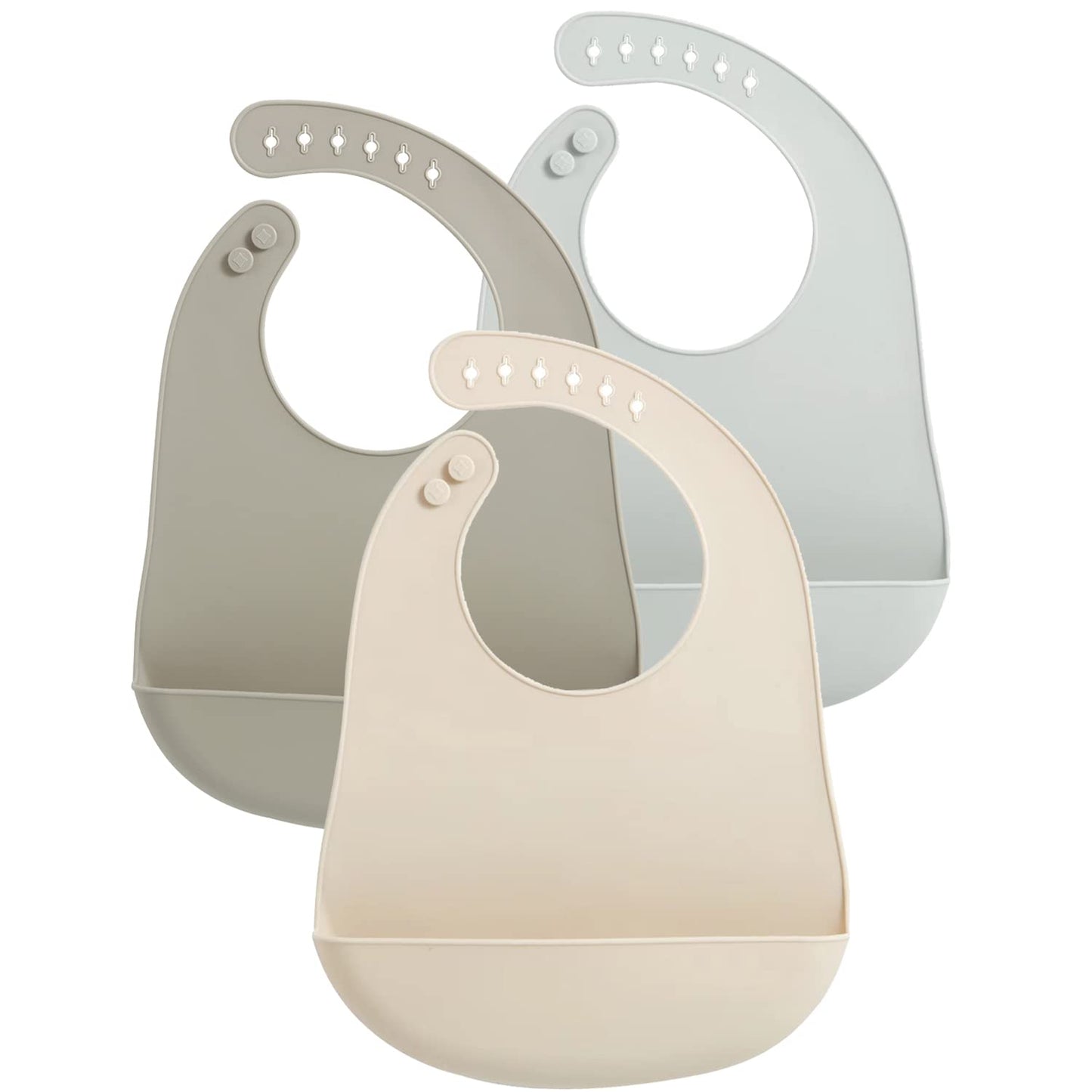 PandaEar 3 Pack Waterproof Silicone Baby Bibs| Super Thin Light Weight Feeding Bib with Food Catcher Pocket for Toddler (Walnut&Linen&Brown)