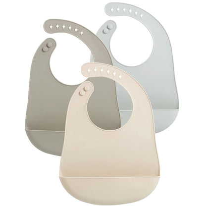 PandaEar 3 Pack Waterproof Silicone Baby Bibs| Super Thin Light Weight Feeding Bib with Food Catcher Pocket for Toddler (Walnut&Linen&Brown)