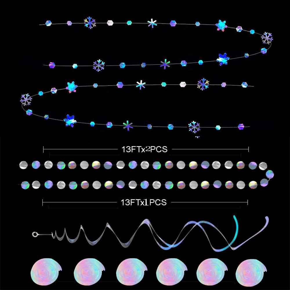 Winter Wonderland Party Decoration Iridescent Snowflake Circle Dots Garland Iridescent White Hanging Swirls Holographic Paper Set for Onederland Christmas Frozen Birthday Wedding Bridal Party Supplies