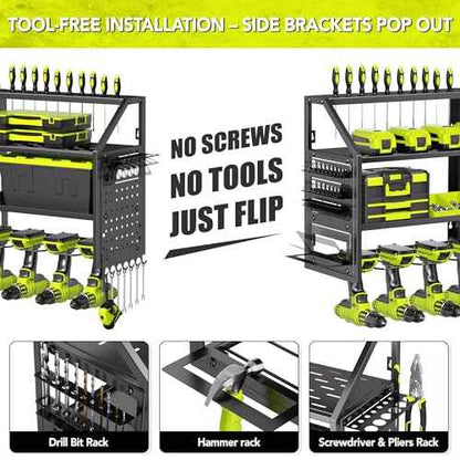 Power Tool Organizer Wall Mount with Charging Station, 8 Drill Holder with 8-Outlet Power Strip, Garage Cordless Drill Storage and Organization, Battery Utility Rack