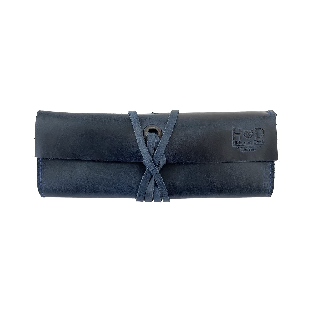 Hide & Drink, Rustic Pencil Roll Pouch, Multi-Purpose Storage Wrap for Scissors, Earphones, Organizer for Craft, Full Grain Leather, Handmade, Slate Blue