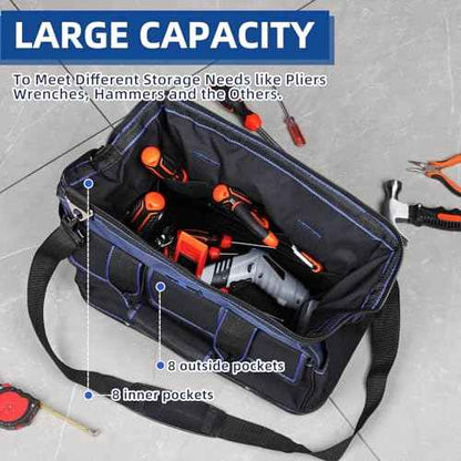 Tool Bag 16'', Multi-pocket Tool Organizer with Water Proof Plastic Base, Heavy Duty Tote with Shoulder Strap for Tool Storage, Black & Blue