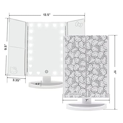 Impressions Vanity Hello Kitty Trifold LED Mirror, Desk Mirror with Lights and Touch Sensor Switch, Lighted Makeup Mirror with 2X and 3X Magnifying (White)
