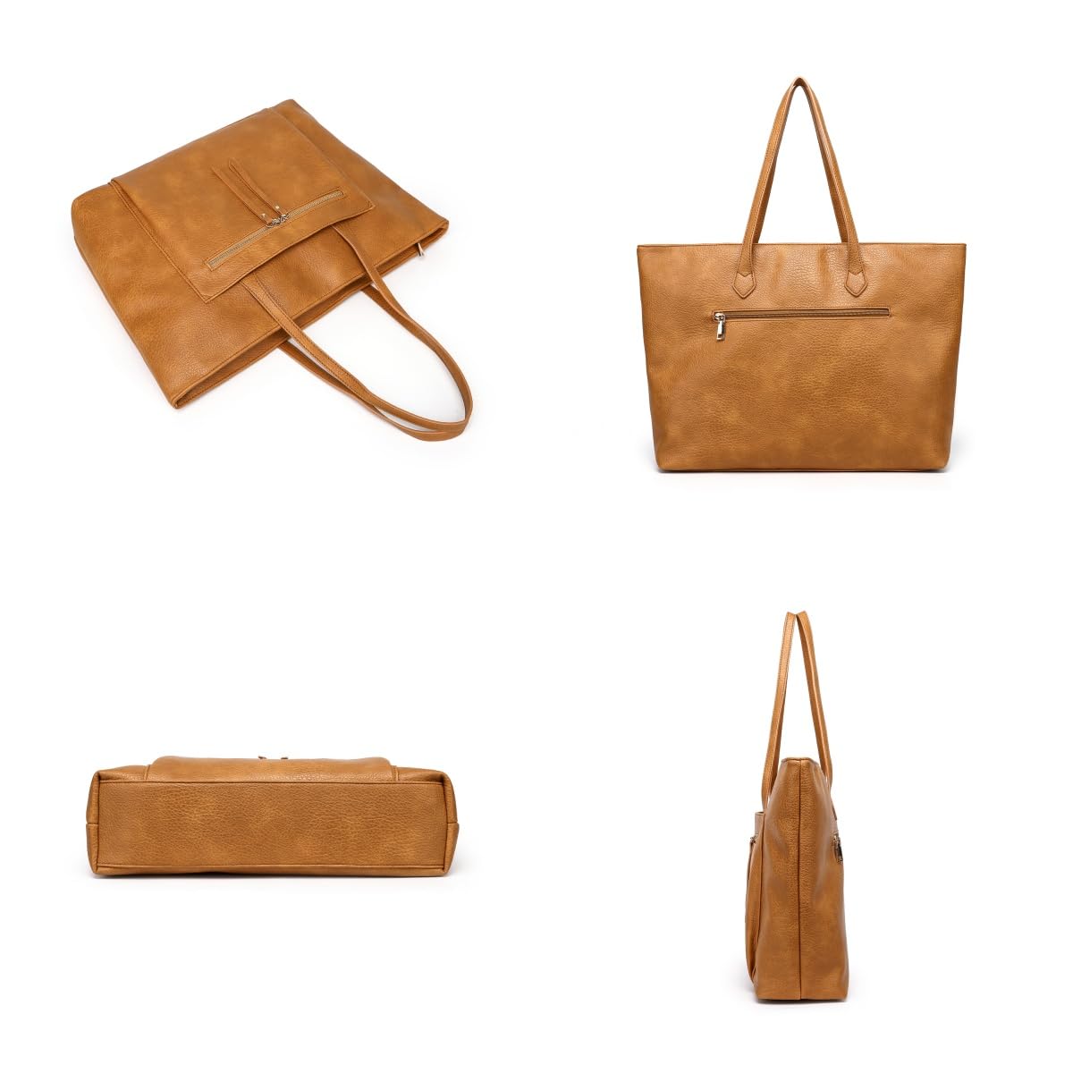 SharPlus Large Vegan Leather Tote Bag for Women with Zipper Shoulder Purse and Handbags for Travel & Work (camel)