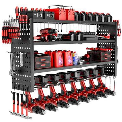 Power Tool Organizer Wall Mount, 4 Layer Heavy Duty Garage organizer Loads 280lbs, Tool Organizers with 8 Drill Hanger, Battery Tools Holder Garage Storage Organization for Workbench, Pegboard, Shed