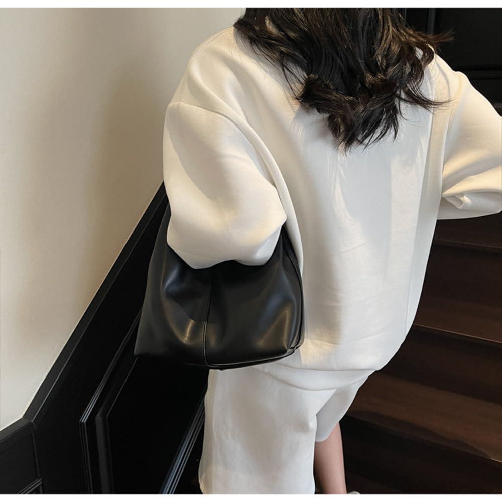 PU Leather Dumpling Pouches Bag for Women, Hobo Top Handle Handbag Mini Soft Clutch Purse (Black)