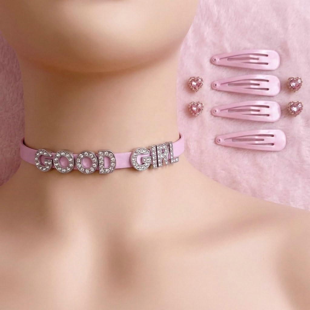 GlitterWe 2Pcs Pink Cute Sweet Y2K Adjustable PU Leather Choker, Black Punk Love Heart Collar Chain Goth Jewelry Necklace for Women