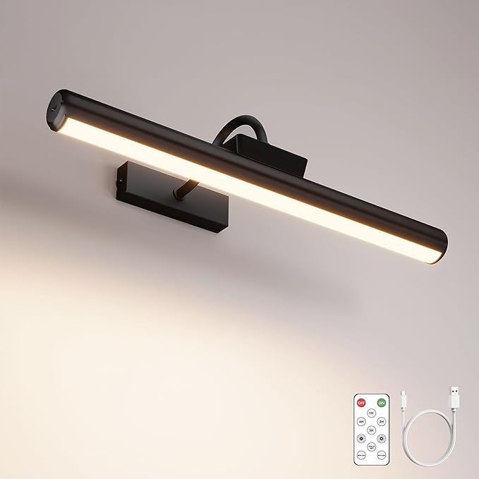 Picture Light with Remote, 16in Battery Operated Picture Lights for Wall 5000mAh, 3 Color Modes and Dimmable LED Art Lighting with Timer for Painting, Frame, Gallery (Black-1Pack)