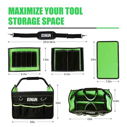 17-Inch Open Top Tool Bag, Electrician Tool Bag, Tool Tote Bag Organizer for Easy Tool Access, 33 Pockets Foldable Tool Carrier with Rotating Steel Handle and Removable Shoulder Strap (Black+Green)