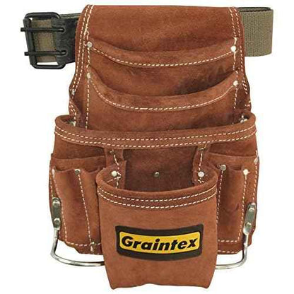 Graintex SS2976 10 Pocket Nail & Tool Pouch Brown Color Suede Leather with 2¡± Leather/Webbing Belt for Constructors, Electricians, Plumbers, Handymen