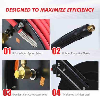 MaxWorks 80720 50ft Auto Rewind Retractable Reel with 3/8" x 50' Air Hose with Brass Fittings