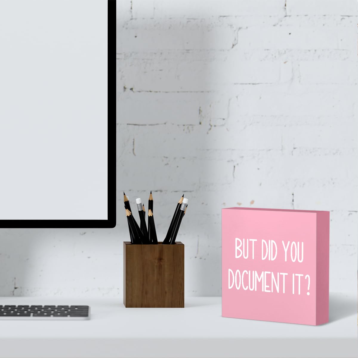 mmiishe But Did You Document It Wooden Box Sign Decorative Funny Office Wood Box Sign Home Office Decor Rustic Farmhouse Square Desk Decor Sign for Shelf Pink