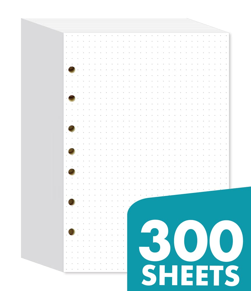 Dotted Filler Paper Pack of 300 Sheets, 7 Hole Punched Planner Refills 5 1/2 x 8 1/2 Inches, Fit 3 or 7 Ring Mini Binders