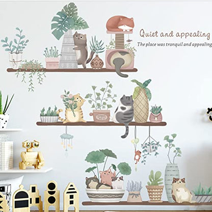 Cute Cat Stickers and Potted Plant Wall Stickers, Watercolour Removable Wall Stickers for Cat Flowerpots and Plant Leaves, Self-adhesive Vinyl Art Decor Murals for Children Babies Living Room TV