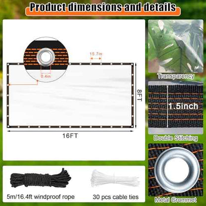 ZYP 2PCS 8x16 FT Heavy Duty Clear Waterproof Tarps Outdoor Garden Rainproof Covering,Clear Vinyl Tarp with Grommets,Transparent Waterproof Tarpaulin for Covering Henhouse Porch Canopy Plant Camping