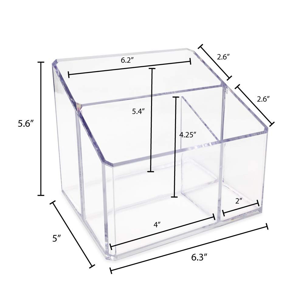 Isaac Jacobs Clear Acrylic 3-Compartment Organizer, Remote Holder & Multi-Functional Makeup, Brush, Pen & Pencil Storage Solution, for The Home, Bathroom, Office, Child’s Desk (3-Section, Clear)