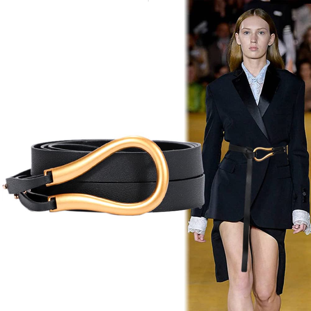 JRMLPL Women Gold Buckle Skinny Corset Belt Double Strap PU Leather Waist Belt, 01 Black