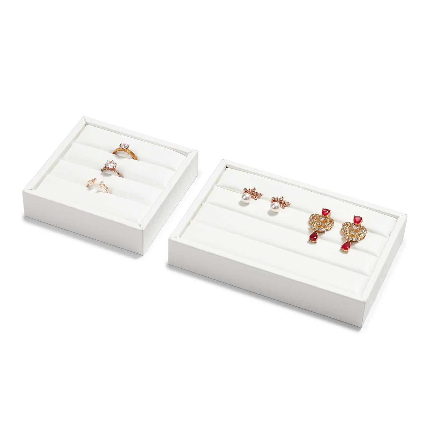 Oirlv 3 Slots PU Leather Small Ring Organizer Earrings Trays Showcase Display Storage Insert Holder for Jewelry Box, Drawer, Dresser(White,M)