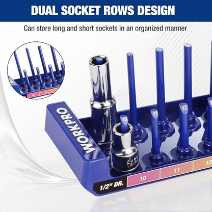 WORKPRO Socket Organizer Set, 4PC Impact Socket Holder, 1/4", 3/8", 1/2" Drive Metric Socket Trays, Impact Socket Organizer for Tool Box Drawer, Socket Storage Holds 94 Pieces (Socket not Included)