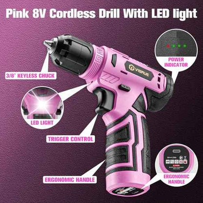VIGRUE 278 Piece Tool Set, 8V Cordless Drill, Tool Kit with Drill, ToolBox for Men & Women, Home Hand Drill Set for Handyman, DIY (pink)