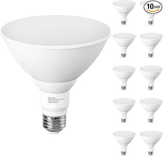 10 Pack PAR38 LED Outdoor Flood Light Bulbs, 100W Equivalent, 3000K Warm White, 13W Dimmable, Waterproof LED Floodlight for Porch Yard Garage, E26 Base, 1050LM,15,000 Hrs