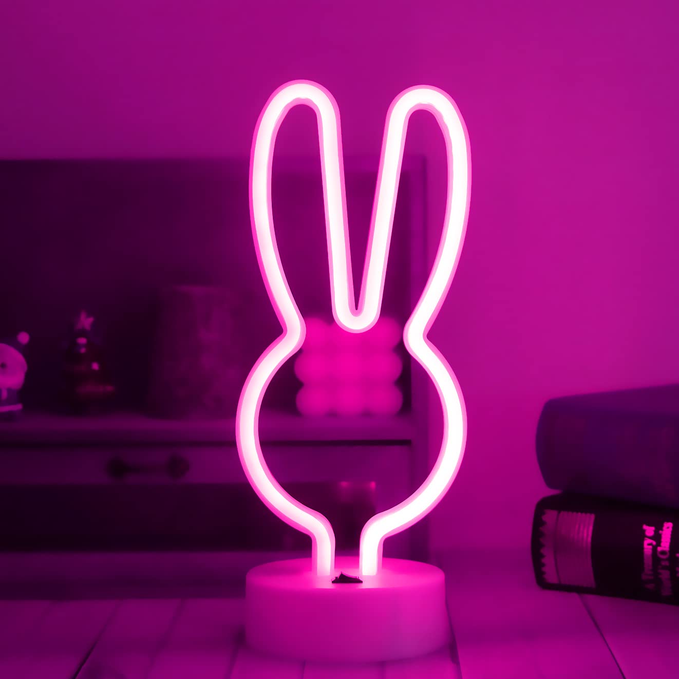 Easter Decorations Neon Signs, Creative Bunny Lights with Base - Battery/USB Operated Rabbit Stuff for Home, Nursery Room, Kids Bedroom, Spring Decor (Pink)