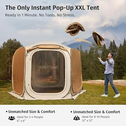 East Oak 12×12 FT Pop Up Canopy Tent with Mesh | Outdoor Screen House with 4 Sunshades | Instant Canopy with Portable Carry Bag | Gazebo Tent for Camping, Patio, and Beach | Beige