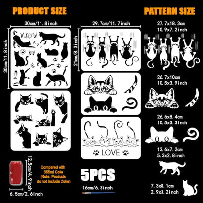 FINGERINSPIRE 5 PCS Peeking Cat Painting Stencil with 1 Pc Paint Brush Reusable 5 Styles Cat Pattern Painting Stencil Animal Cat Stencil for Painting on Wood Floor Wall Furniture DIY Home Decor