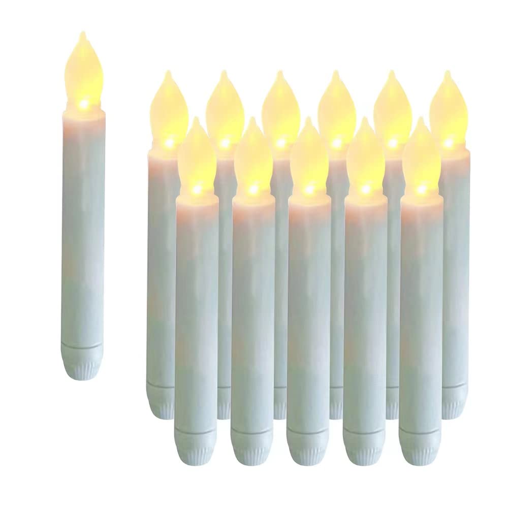 xunhuimemory 12PCS Flameless LED Taper Candles Lights, Battery Operated Candlesticks with Warm White Flickering Flame, 0.79 x 6.5 Inches Dripless Fake Floating Taper Candles