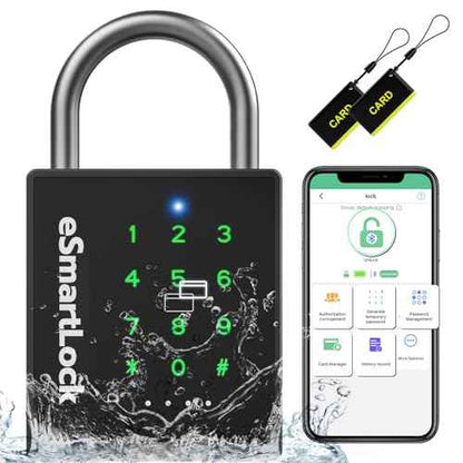 Pothunder Heavy Duty Smart Padlock, Gate Lock Padlock with Key Code and RFID, Outdoor Weatherproof Biometric Digital Lock for Gate, Sheds, Fence, Garage, Locker, Storage Unit