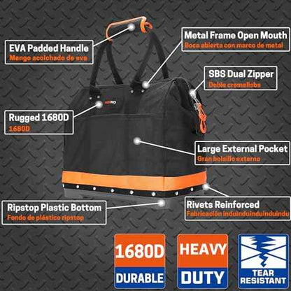 Wide Mouth Tool Bag, 16 Inch Heavy Duty Tool Bag with Waterproof Plastic Bottom, Multiple Purpose for Plumbers, Electricians, Handymen