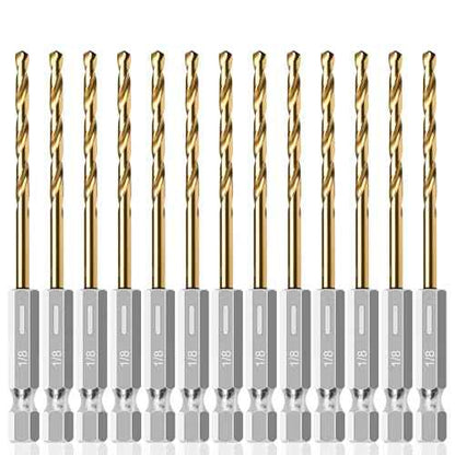 13PC 1/8" Titanium Coated Twist Hex Shank Drill Bit Set, 135 Degree Tip HSS Drill Bit Sets, Impact Driver Drill Bits for Wood, Steel, Metal, Plastic with Quick Change Design