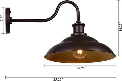 Dusk to Dawn Outdoor Gooseneck Barn Light Fixture, 16 Inch Dome Large Wall Sconce Farmhouse Exterior Wall Mount Light for House Garage Patio Doorway, 2 Pack