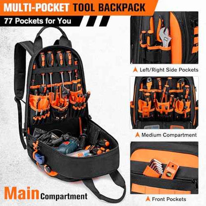 Tool Backpack Heavy Duty for Men Women, 77 Pockets Water-resistant Hvac Tool Bag Backpack Organizer with Waterproof Molded Base, 1680D, Durable Multi-Use Pocket for Electrician Construction