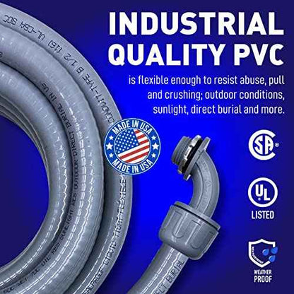 Sealproof 3/4-Inch Non-metallic Liquid-Tight Conduit and Connector Kit, 50 Foot Made in USA Flexible Electrical Conduit Type B with 5 Straight and 3 90-Degree Conduit Connector Fittings, 0.75" Dia
