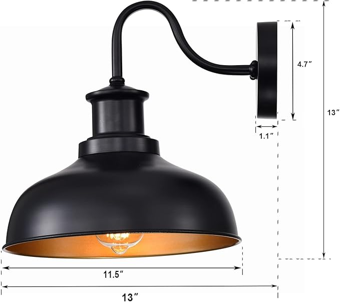 Outdoor Gooseneck Barn Lights, Farmhouse Outdoor Wall Sconces, Rustic Exterior Wall Mount Lights, Vintage Outside Lighting Fixtures, Industrial Black Gold Lanterns for Porch Garage Patio, 2 Pack